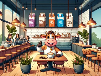 cartoon happy cow drinking plant based oat milk